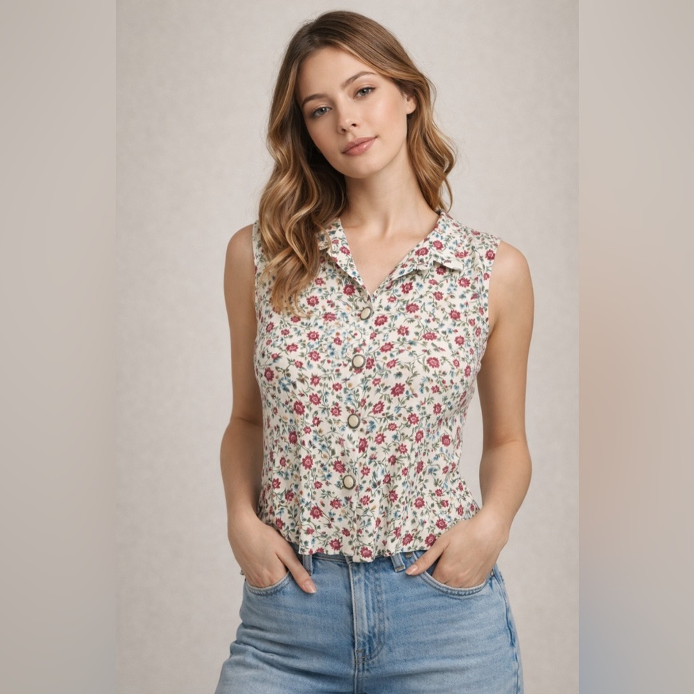 Vintage Floral‎ Sleeveless Button Front Blouse Size M
